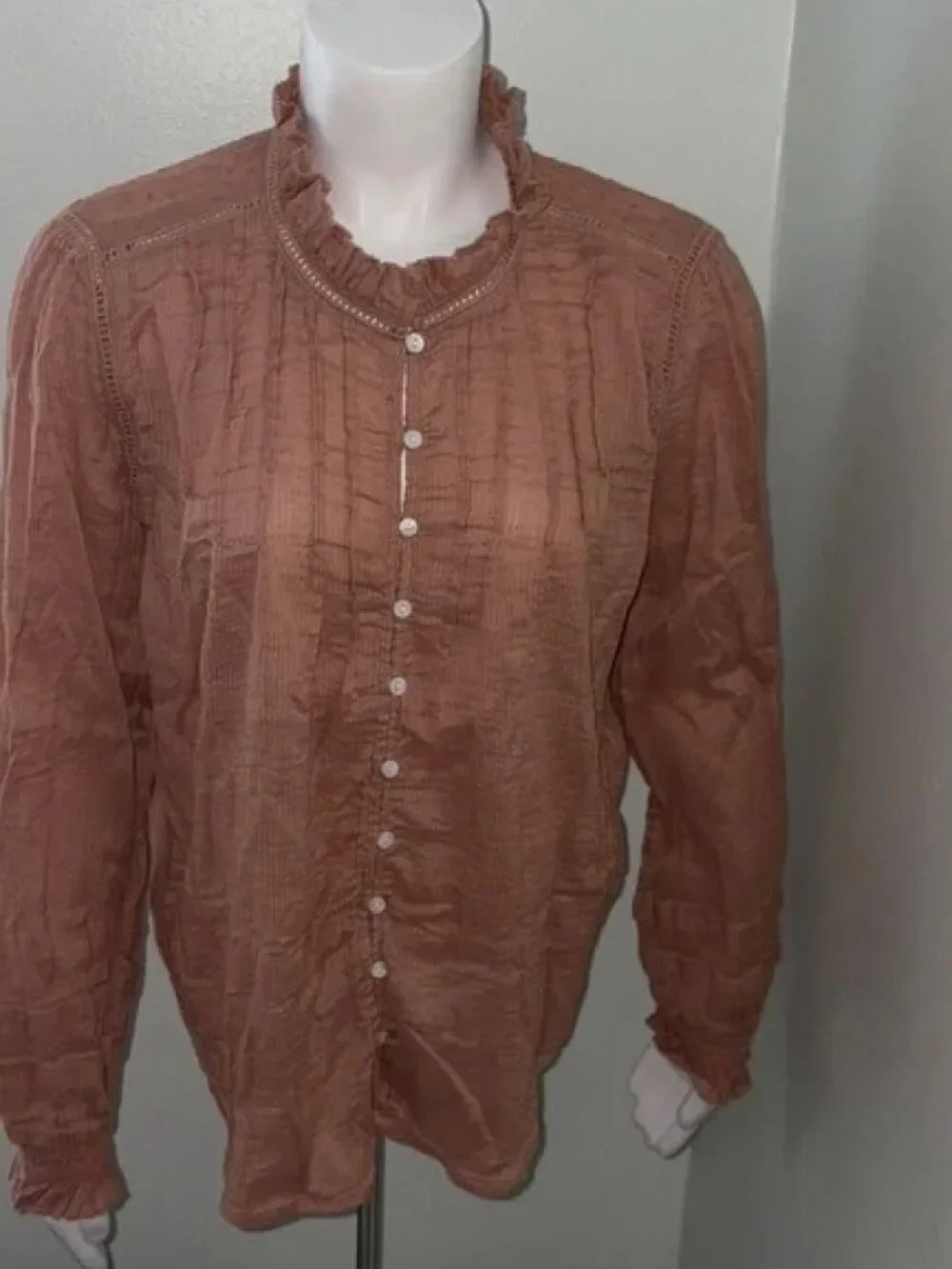 Quince Organic Textured Cotton Peasant Blouse Large L Terra Cotta - Picture 5 of 5